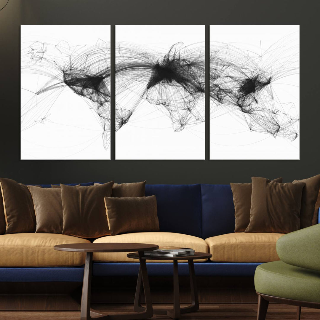 The Flight Routes Air Traffic canvas wall art, framed and ready to hang, is perfect for aviation enthusiasts.