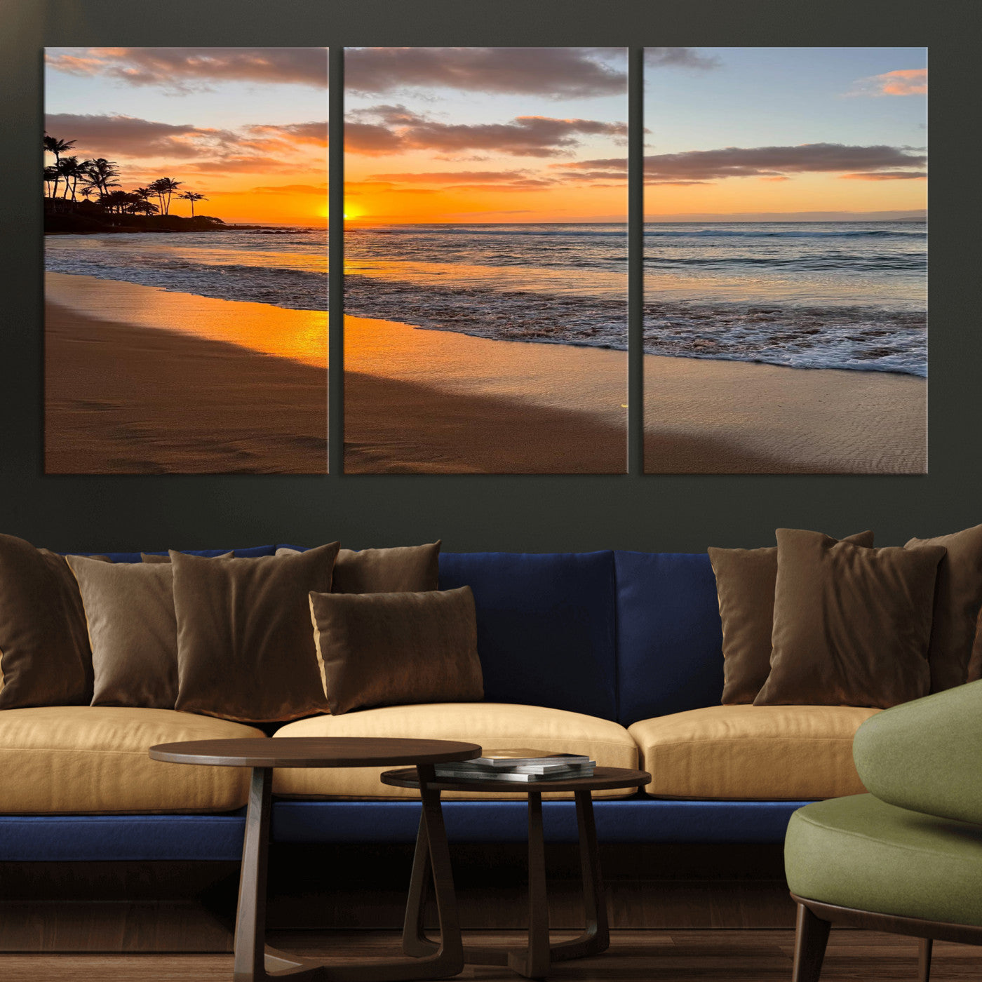 MGV-CV-60X30-3P - Sunset Wall Art Print - Stunning Beach Sunset Canvas Artwork for Elegant Home or Office Coastal