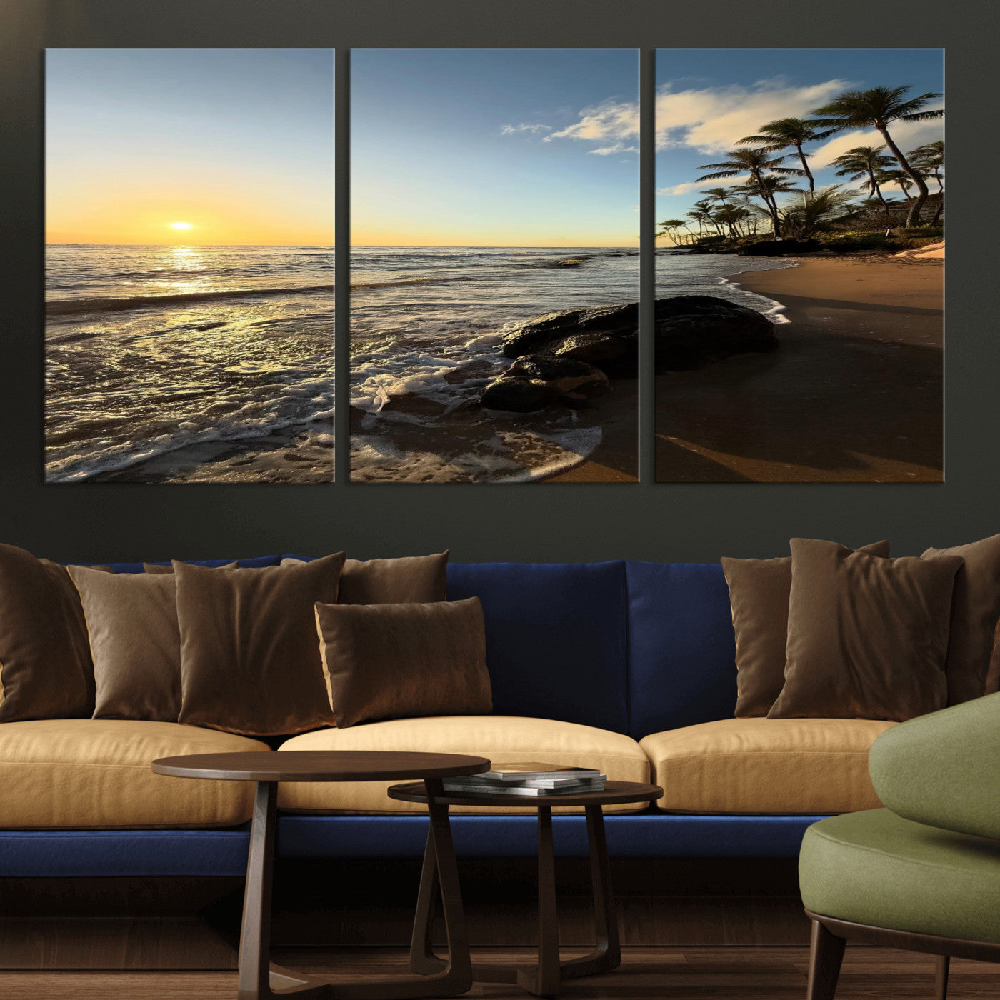 MGV-CV-60X30-3P - Tropical Beach Wall Art - Stunning Ocean Sunset Canvas Print with Palm Tree Design for Relaxing and