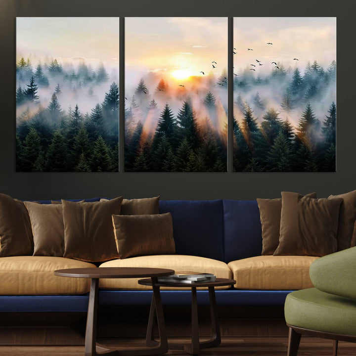 Sunrise over a misty forest with rays filtering through trees in the Abstract Forest Wall Art featuring soaring birds.