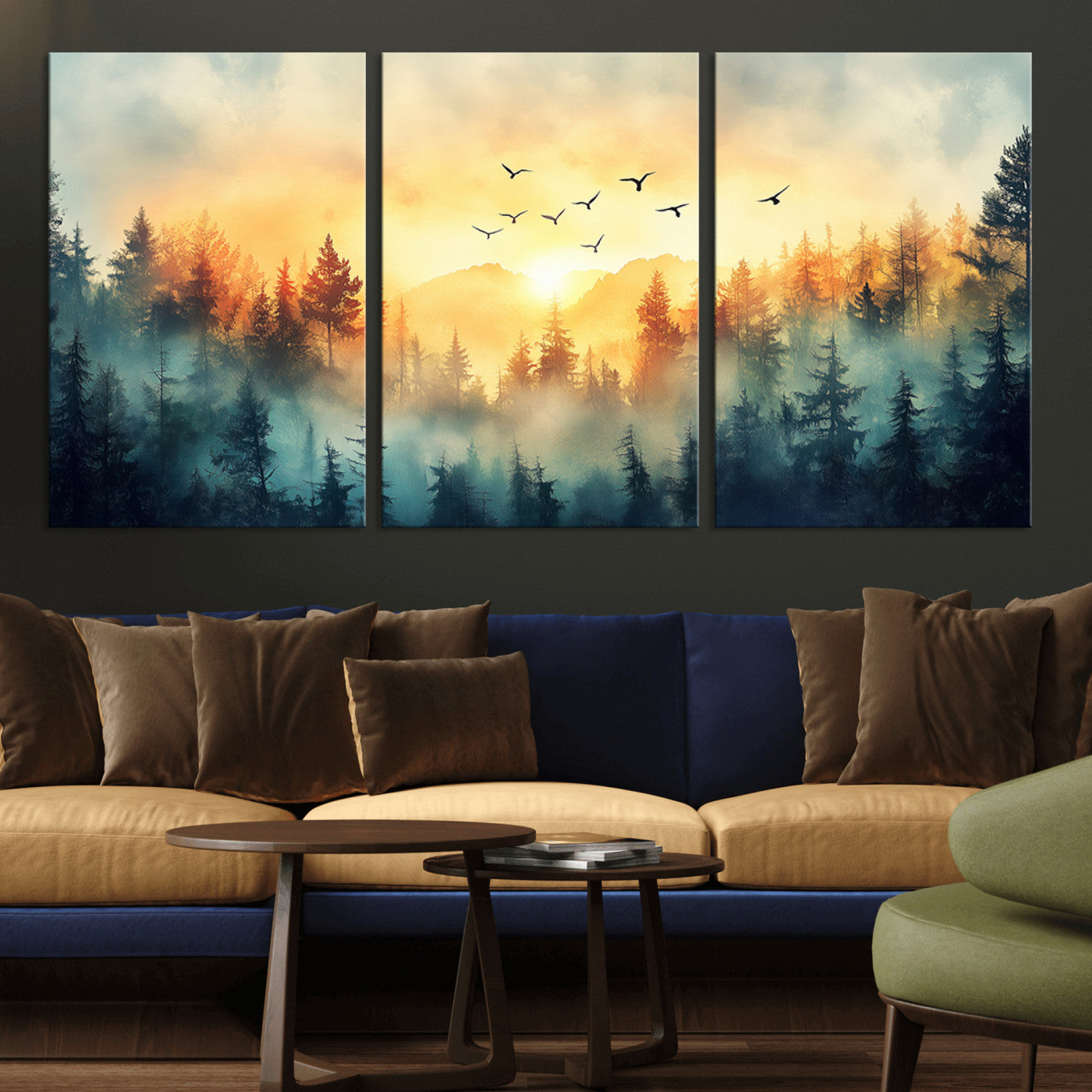 MGV-CV-60X30-3P - Abstract Forest Wall Art Print- Serene Nature Canvas Print with Misty Forest Design for Modern Home