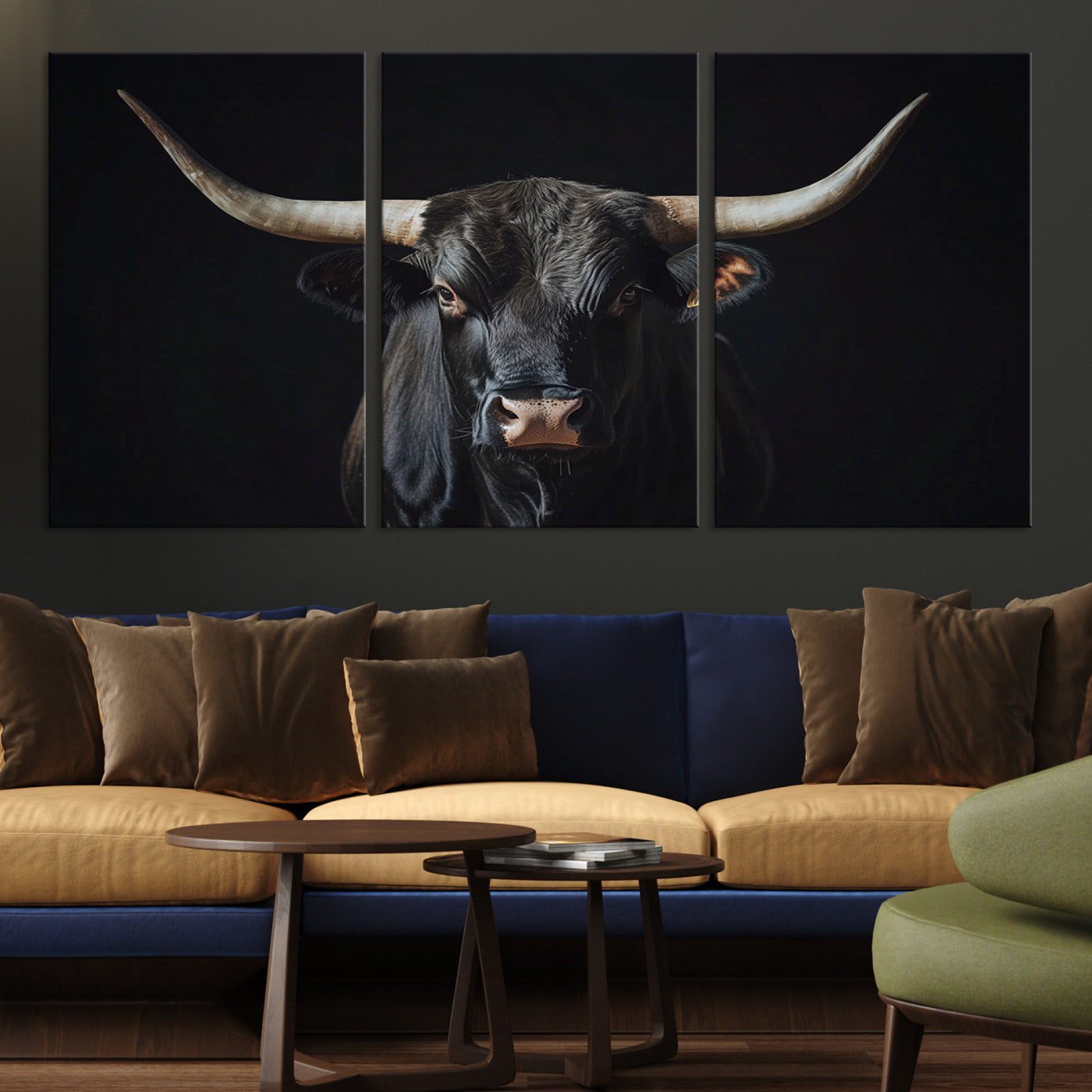 Canvas of a black longhorn bull against a dark background, featuring moody tones and western character for rustic or cowboy-inspired spaces.