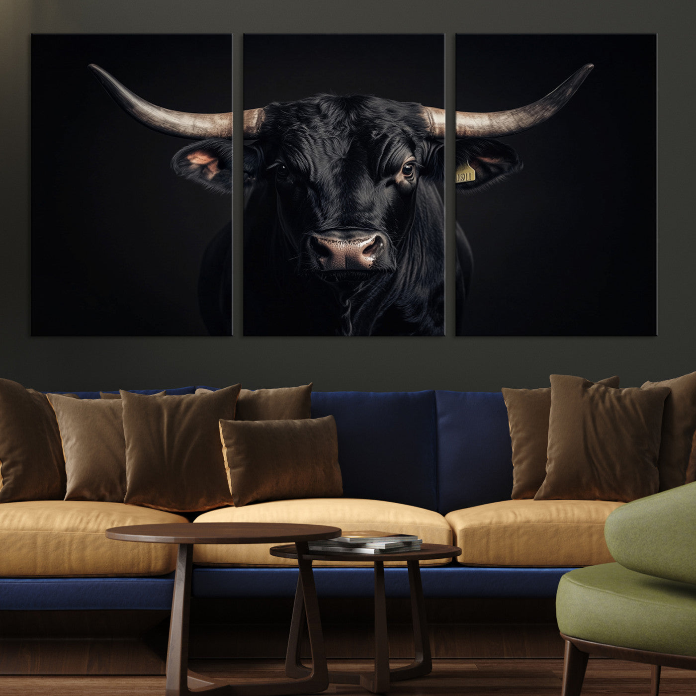 Canvas featuring a black horned bull in moody lighting on a dark background, perfect for western or rustic farmhouse-style home decor.