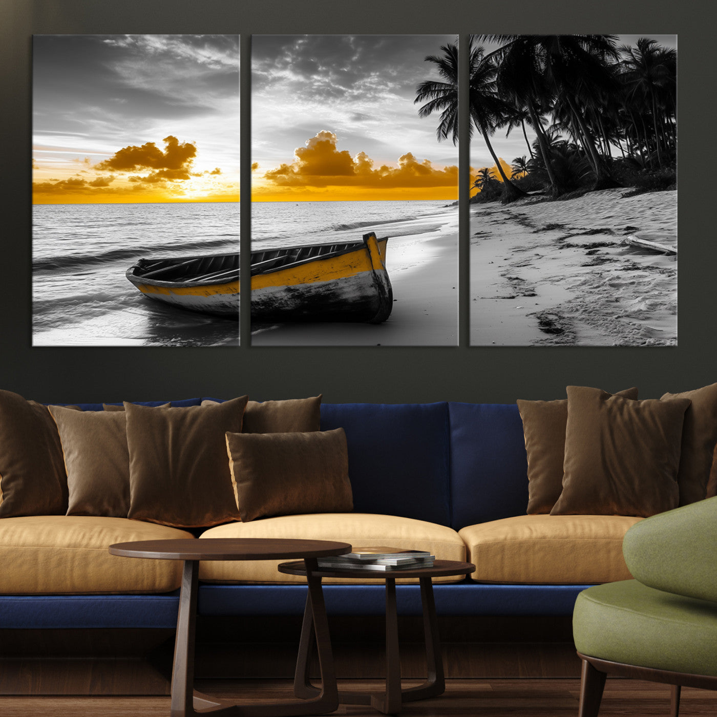 Canvas of a yellow rowboat on a black and white tropical beach with golden sunset sky, ideal for coastal or tropical-themed home decor.