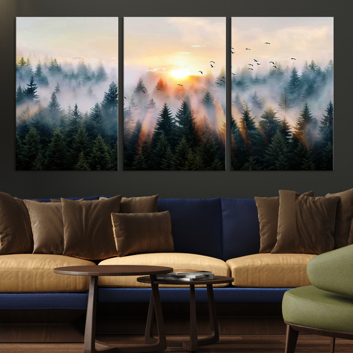Canvas of a misty pine forest at sunrise with birds flying through golden morning rays, perfect for serene and moody woodland-style home decor.