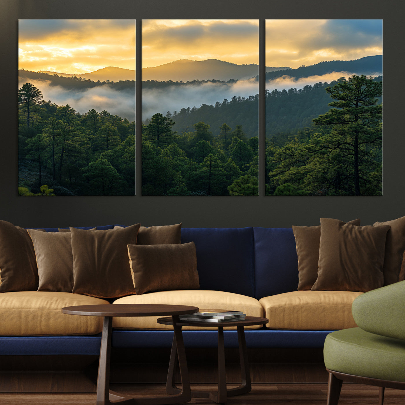 Canvas of misty pine-covered mountains at sunrise, featuring golden light and fog layers, ideal for tranquil earthy home decor.