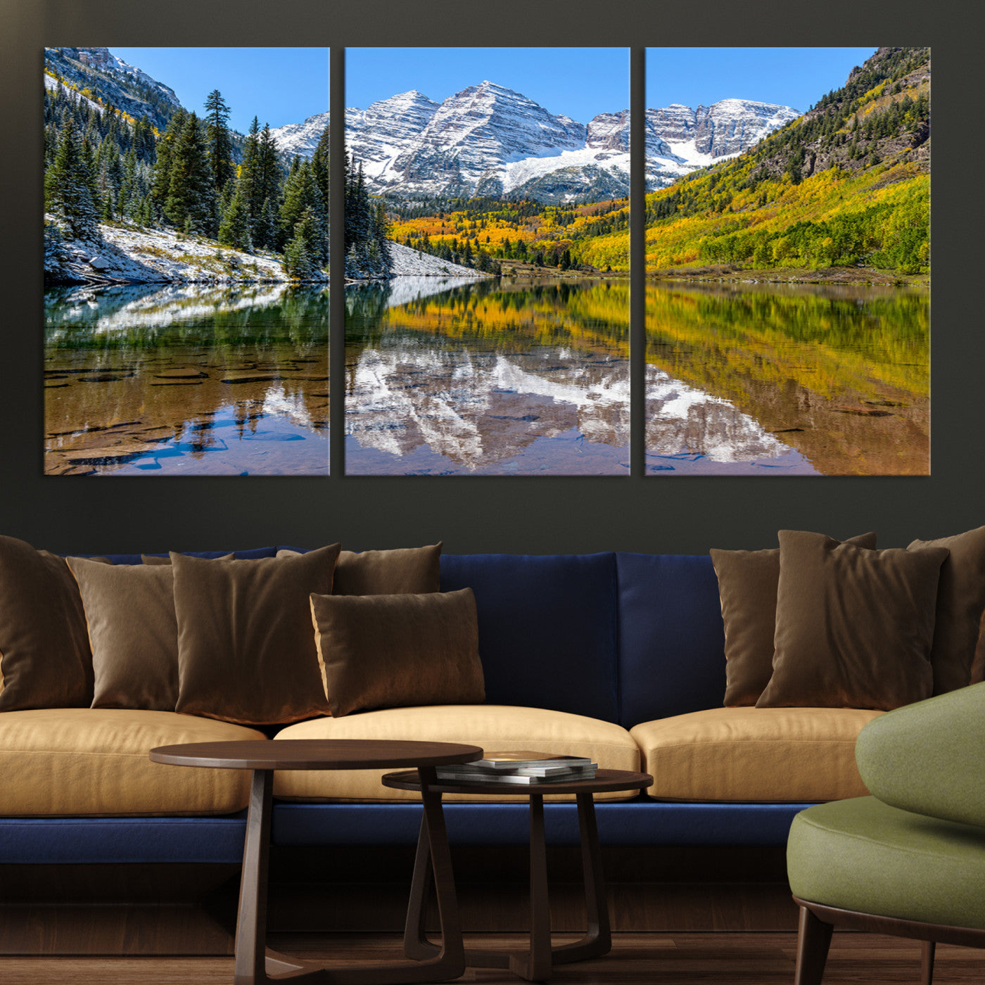 Canvas of Maroon Bells reflected in a clear alpine lake, with golden aspens and snowy peaks, ideal for crisp autumn or mountain-themed decor.
