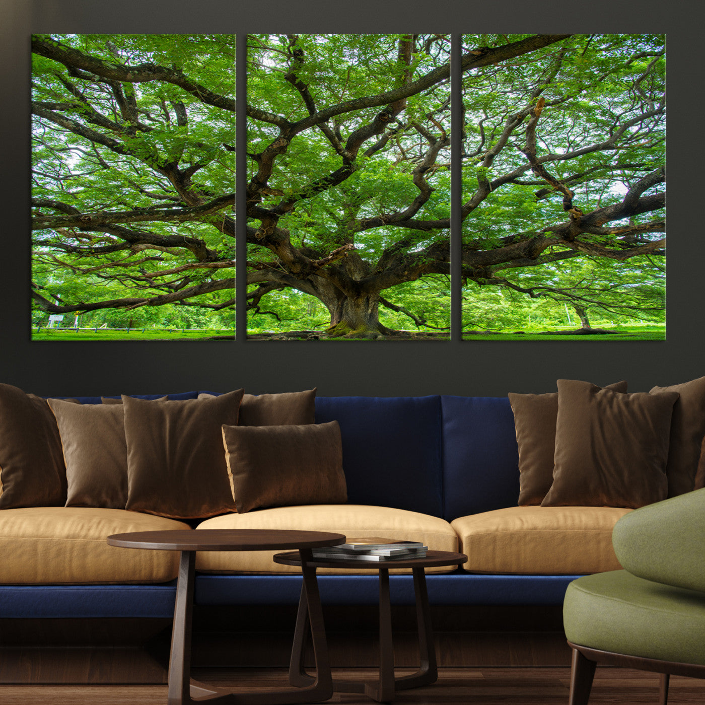 Canvas of an ancient tree with sprawling branches and vibrant green foliage, perfect for earthy, nature-inspired home decor.