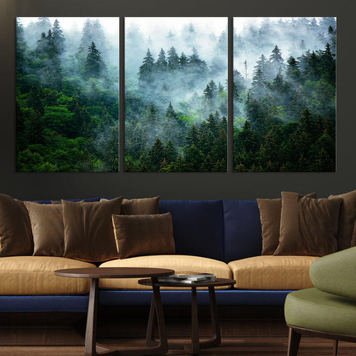 Misty Forest Art Wall Art Canvas Print, Foggy Mountain Art Print, Framed Scenic Wall Print Art Print, Large Woodland Canvas Printing Perfect for  Decor