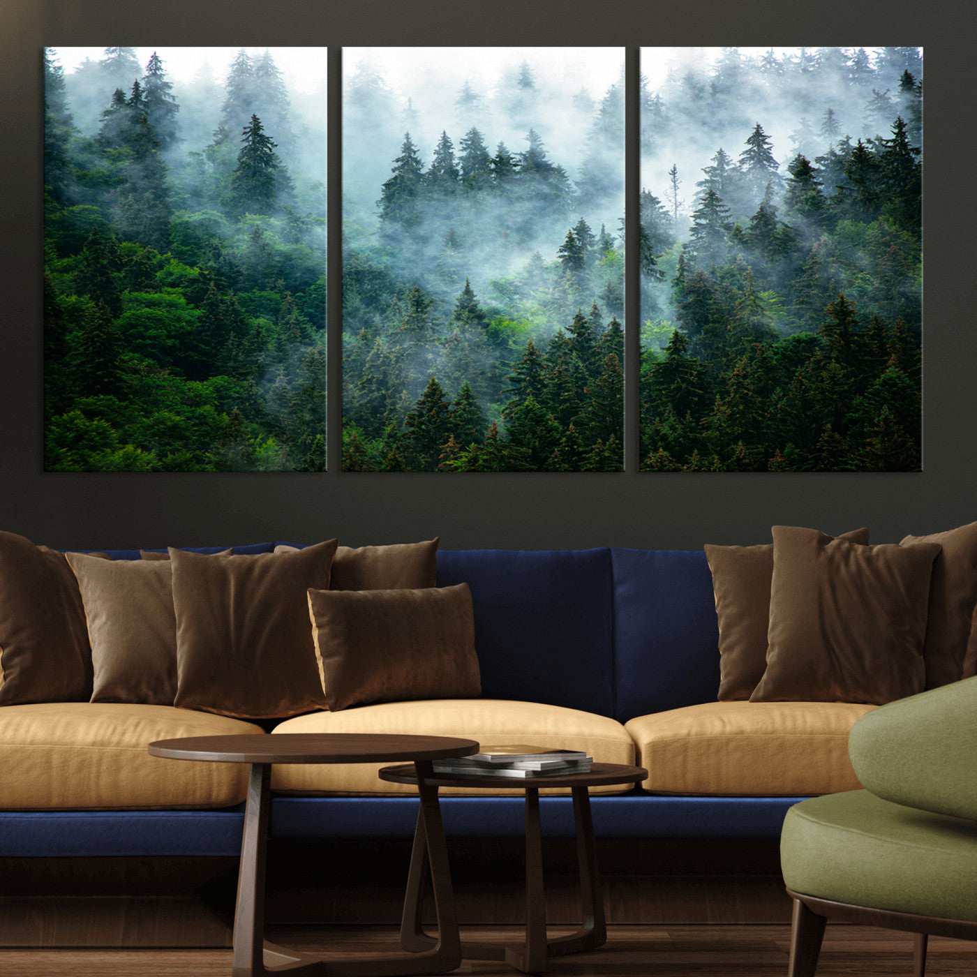 MGV-CV-60X30-3P - Misty Forest Art Wall Art Canvas Print, Framed Foggy Mountain Art Art Picture Print, Scenic Wall