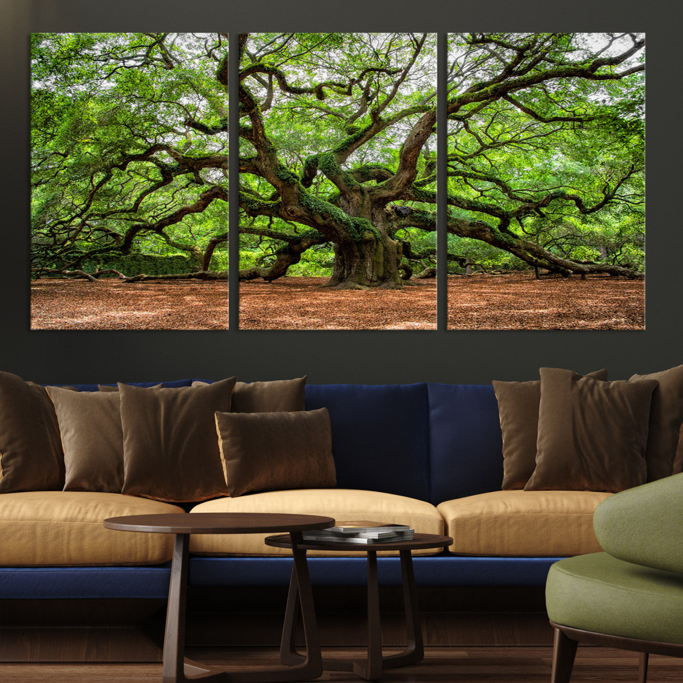 A majestic, ancient tree with expansive, twisting branches spreading wide under a dense, vibrant green canopy in a serene forest clearing.