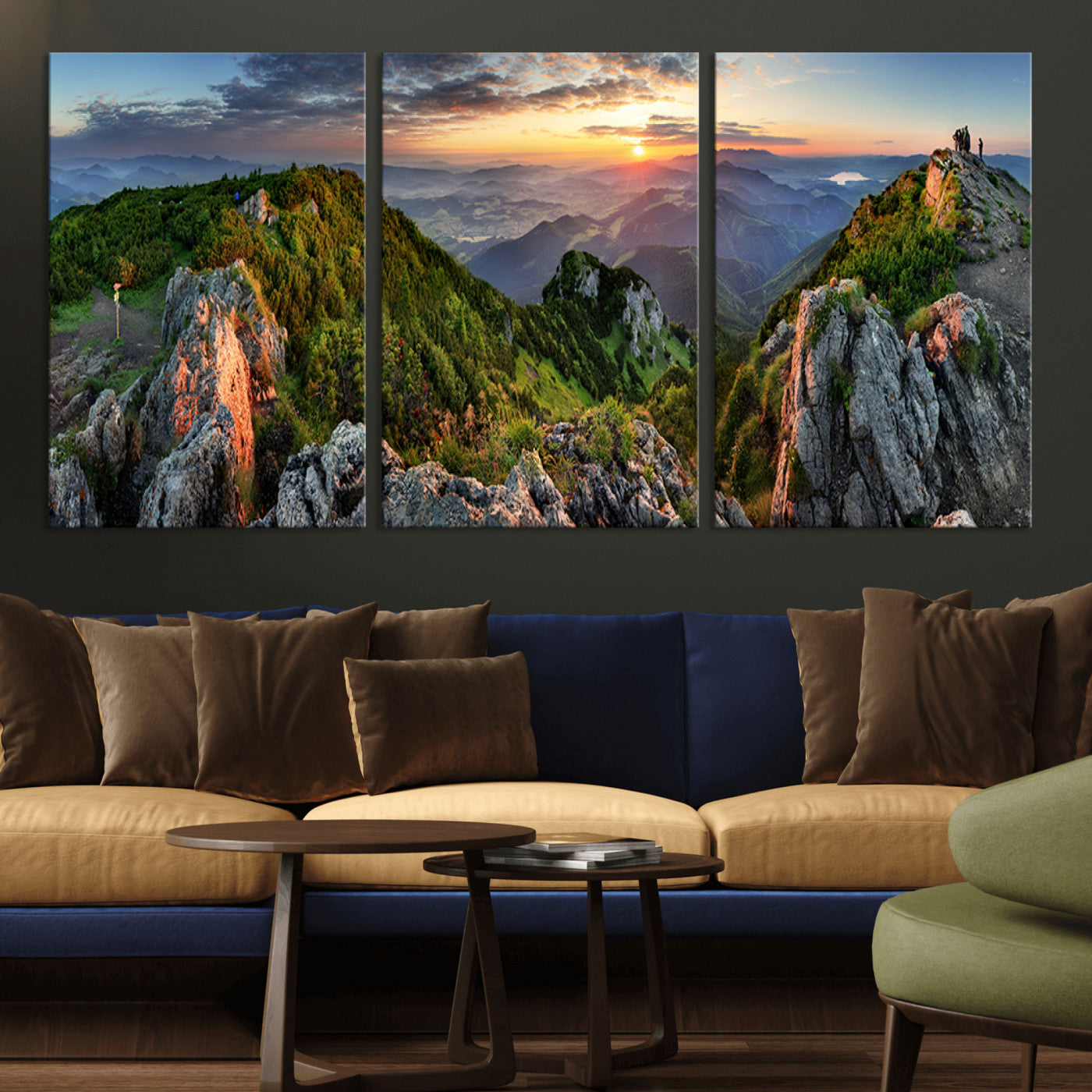 MGV-CV-60X30-3P - Mountain Sunset Panoramic Canvas Print – Scenic Wilderness Landscape, Majestic Summit , Multi-Panel