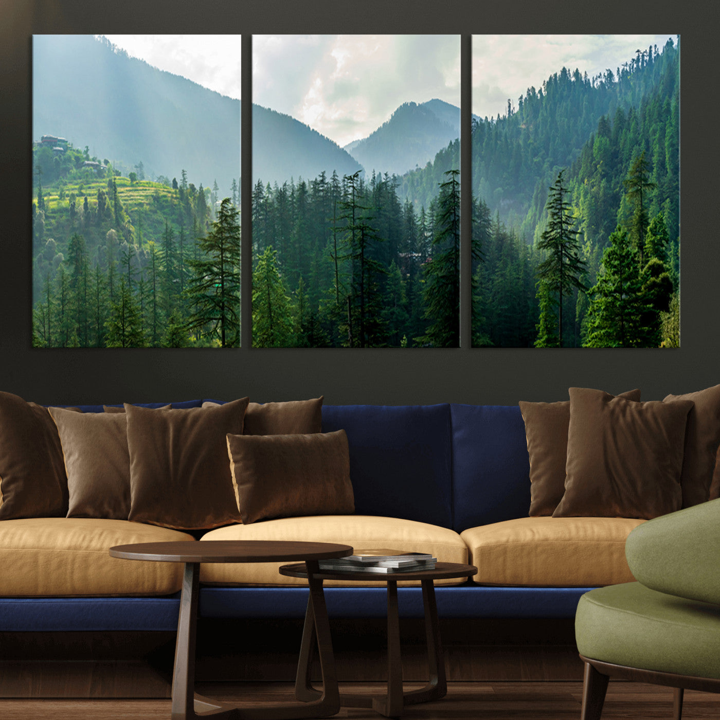 MGV-CV-60X30-3P - Misty Forest Mountain Canvas Print – Serene Nature Wall Art, Tranquil Valley