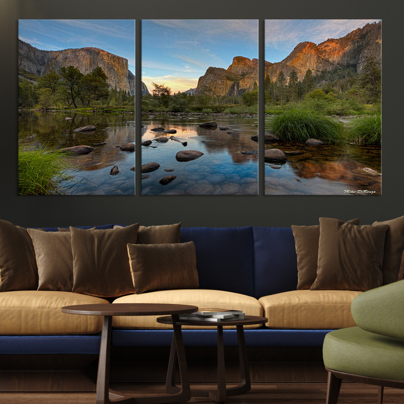 Canvas of Yosemite Valley with El Capitan and sunset reflections in a calm river, perfect for rustic or nature-themed décor.