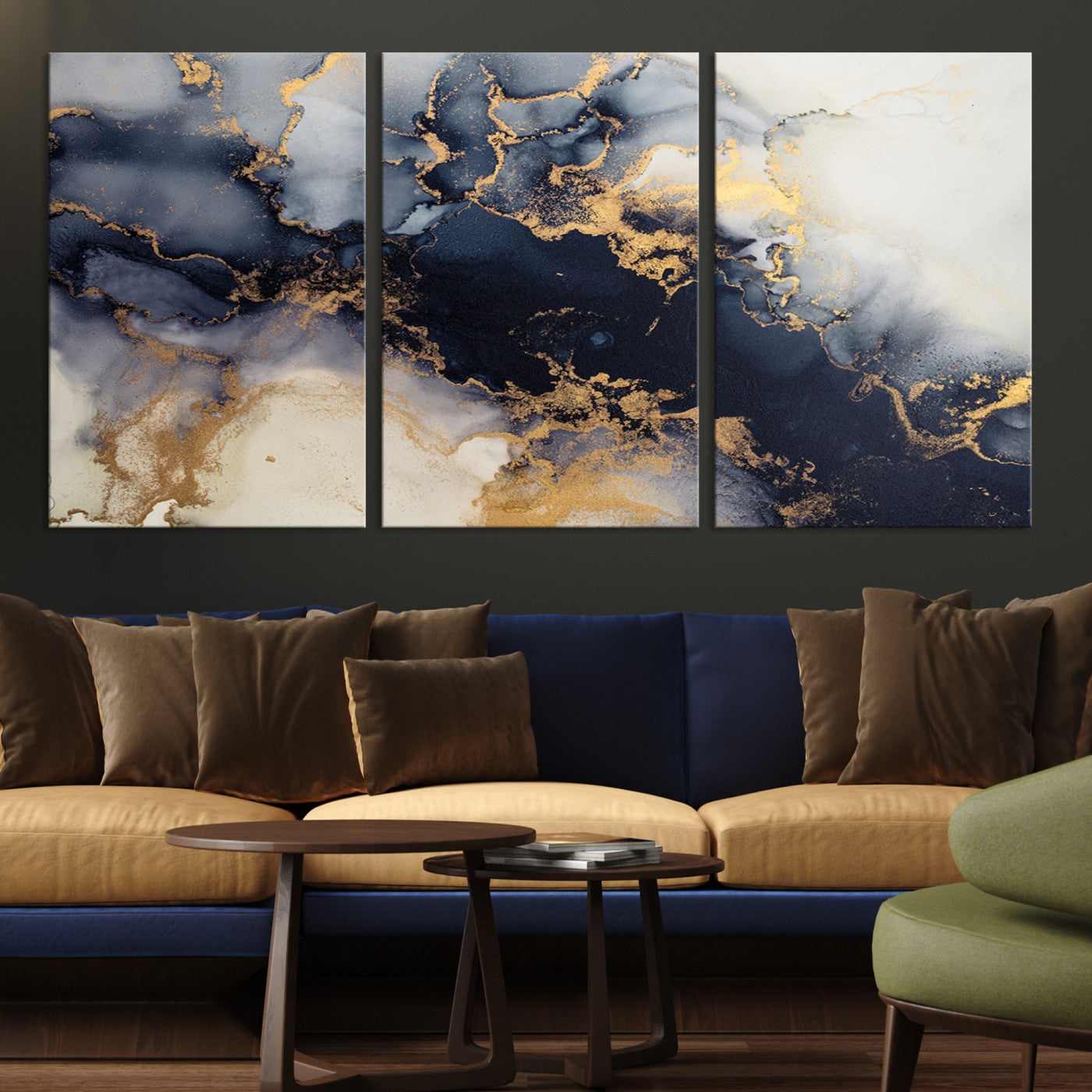 Luxurious abstract canvas in black and gold with moody fluid textures and smoky patterns, perfect for dramatic modern interiors.