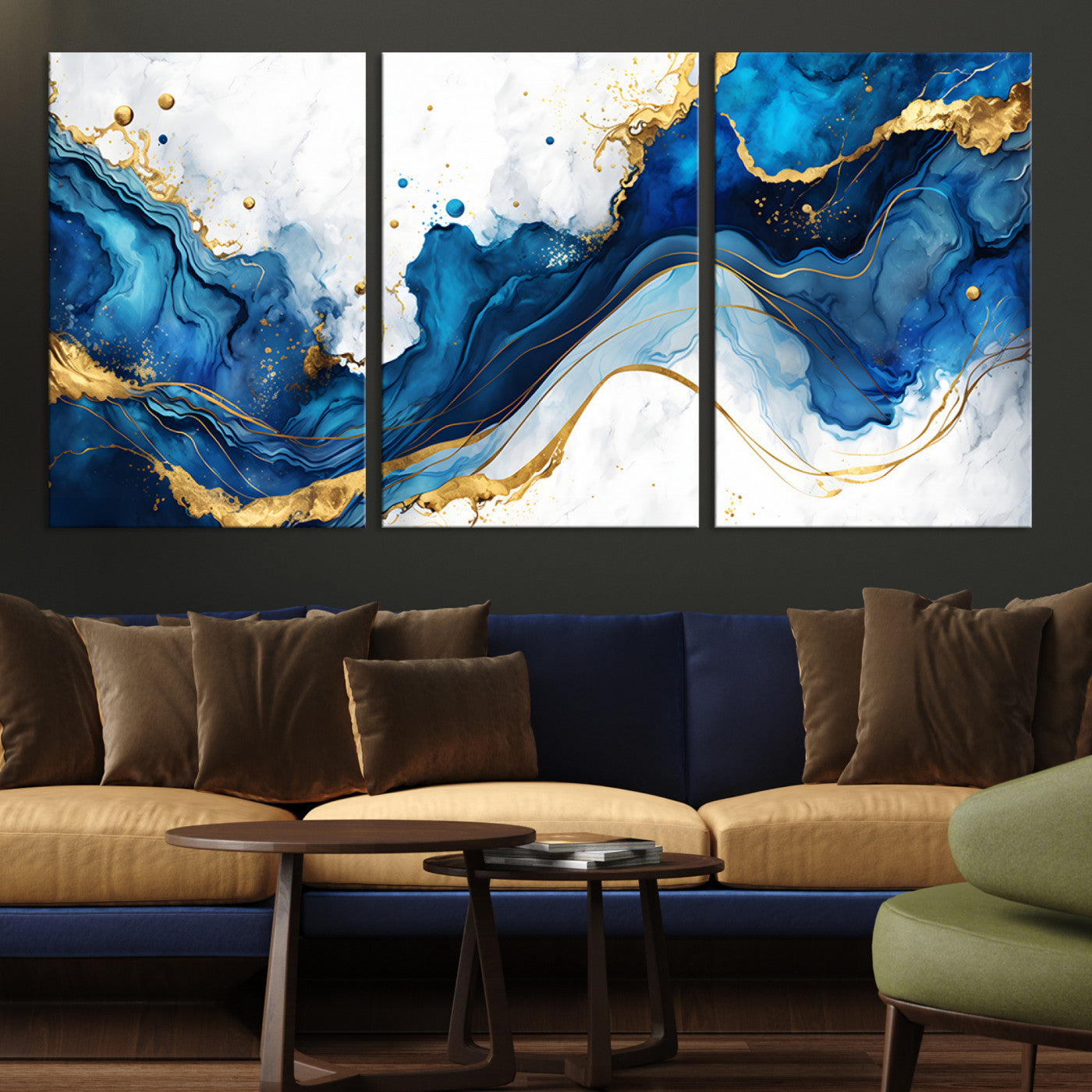 Elegant abstract canvas in cobalt blue and gold tones, featuring marble waves and fluid motion, ideal for luxe interior styling.