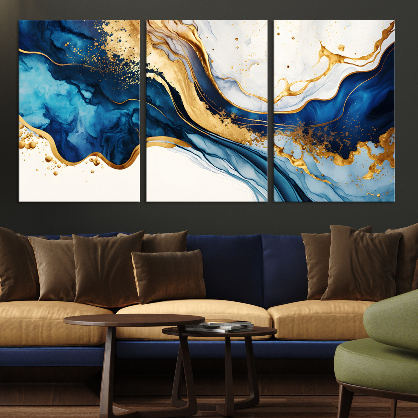 Canvas artwork with fluid blue and gold marbling, perfect for modern luxe or elegant abstract home decor styles.