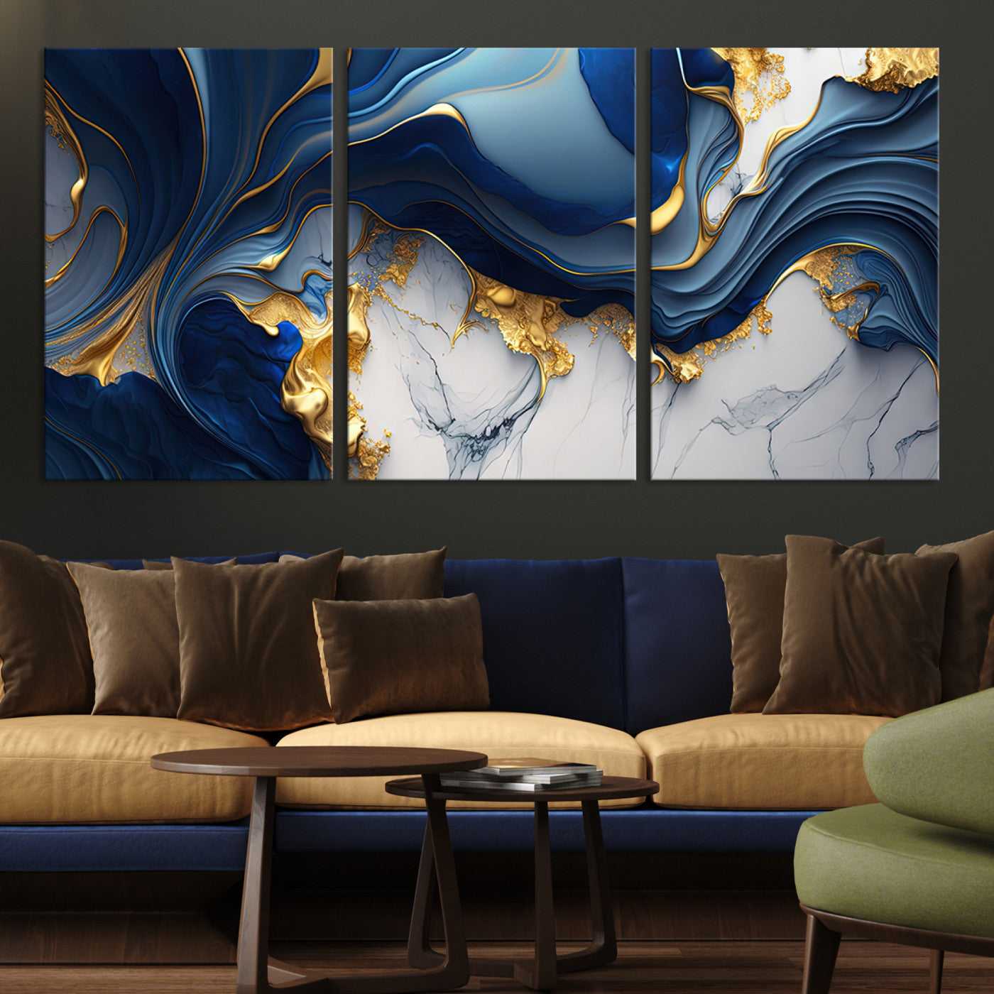 Canvas art with swirling blue marble and gold textures, ideal for elegant glam or modern luxury interior design settings.