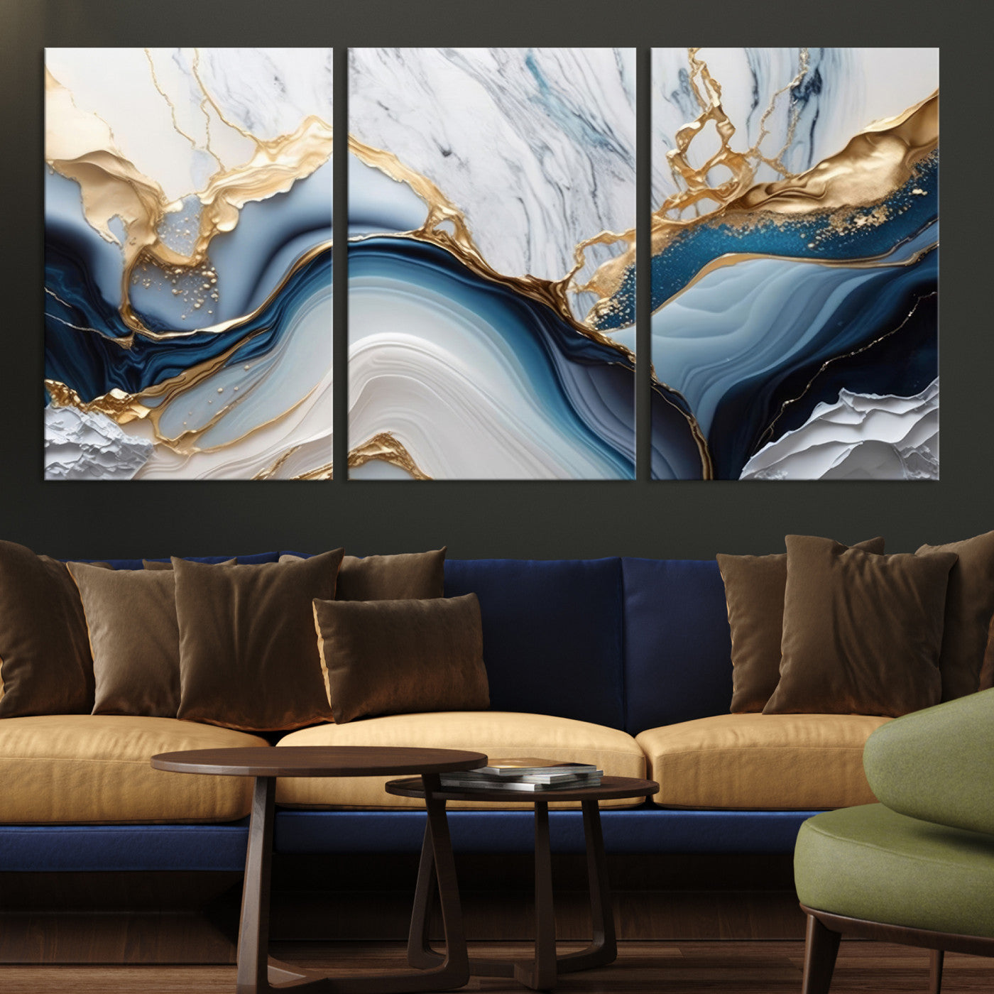 Abstract canvas with blue marble textures and flowing gold veins, ideal for modern luxury or coastal-inspired interior decor.