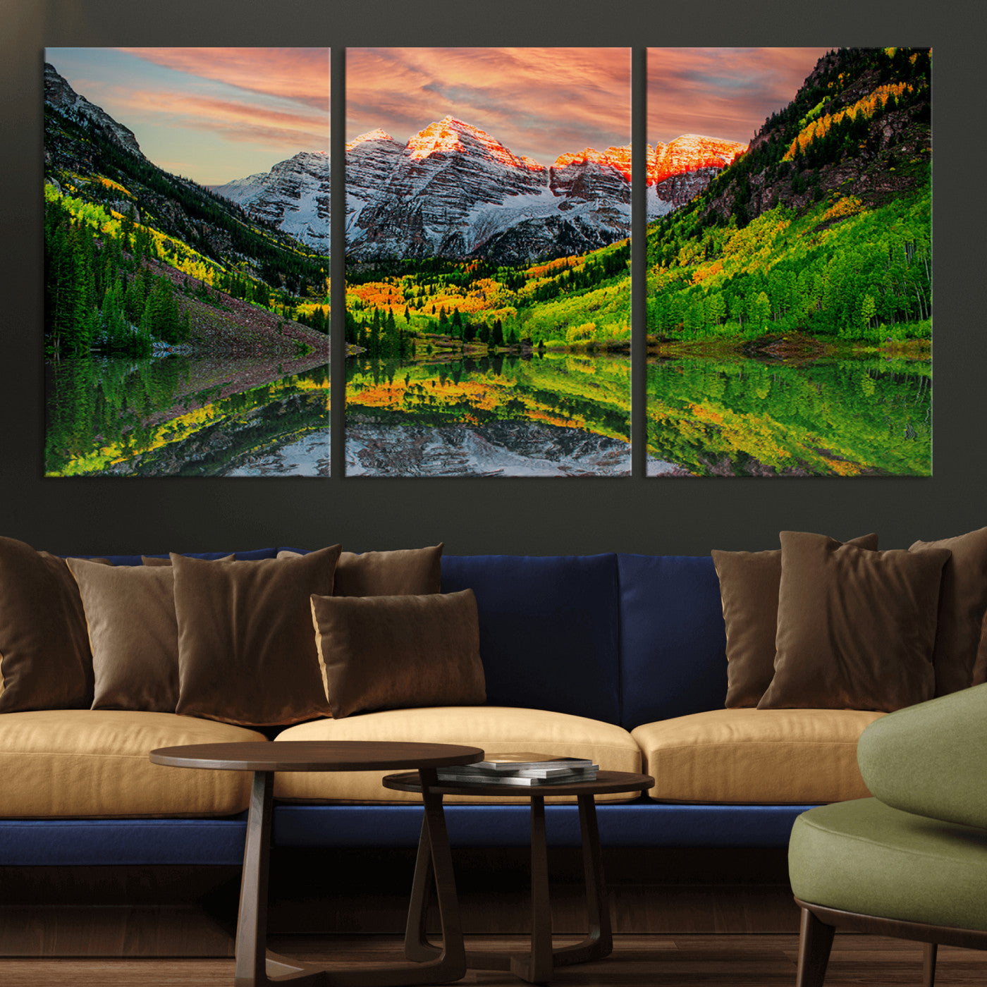 MGV-CV-60X30-3P - Maroon Bells Lake Wall Art Canvas Print – Majestic Colorado Mountain Landscape, Autumn Reflection,