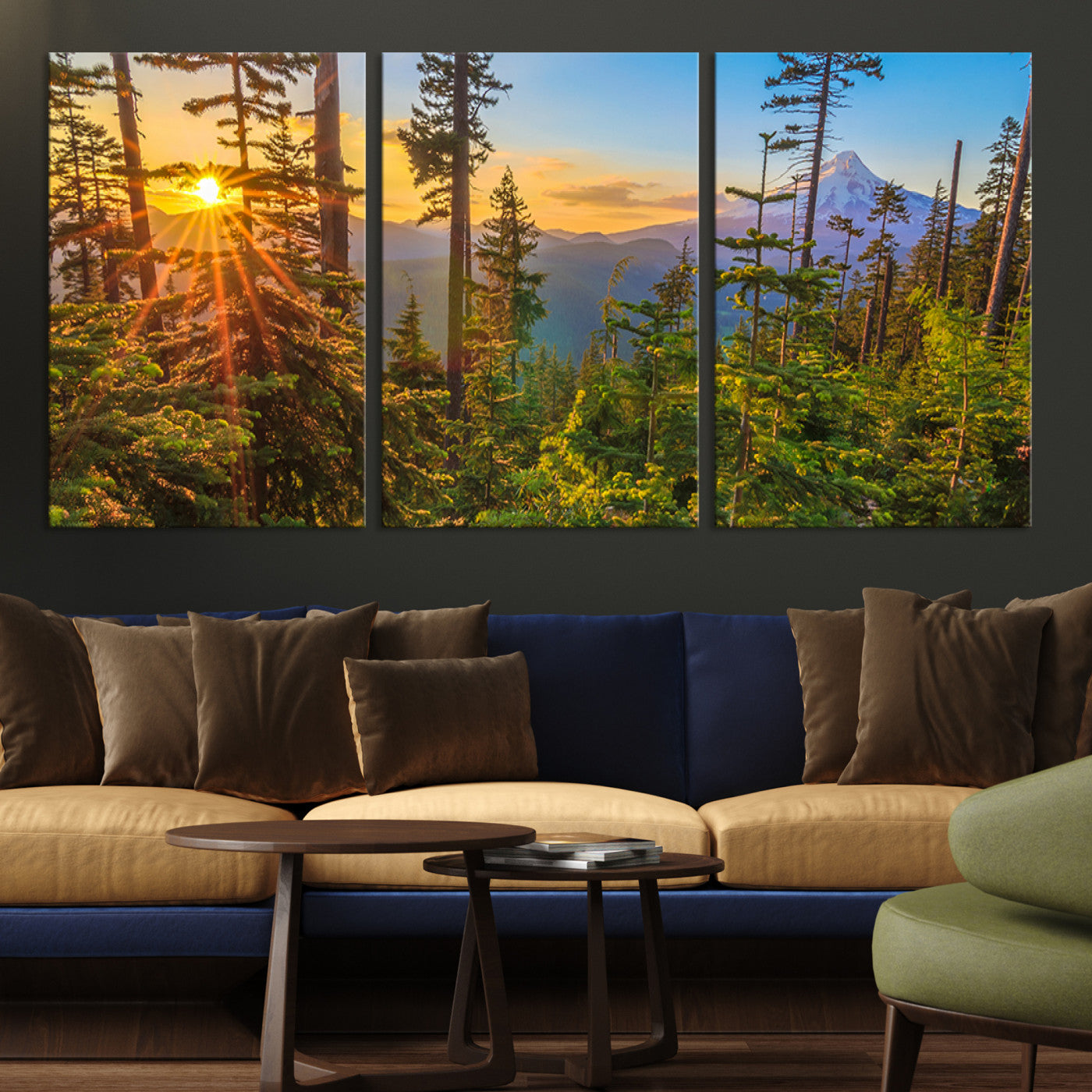 Colorful canvas of Mount Hood and Oregon forest at sunset, featuring sunburst light and lush pine trees for rustic nature decor.