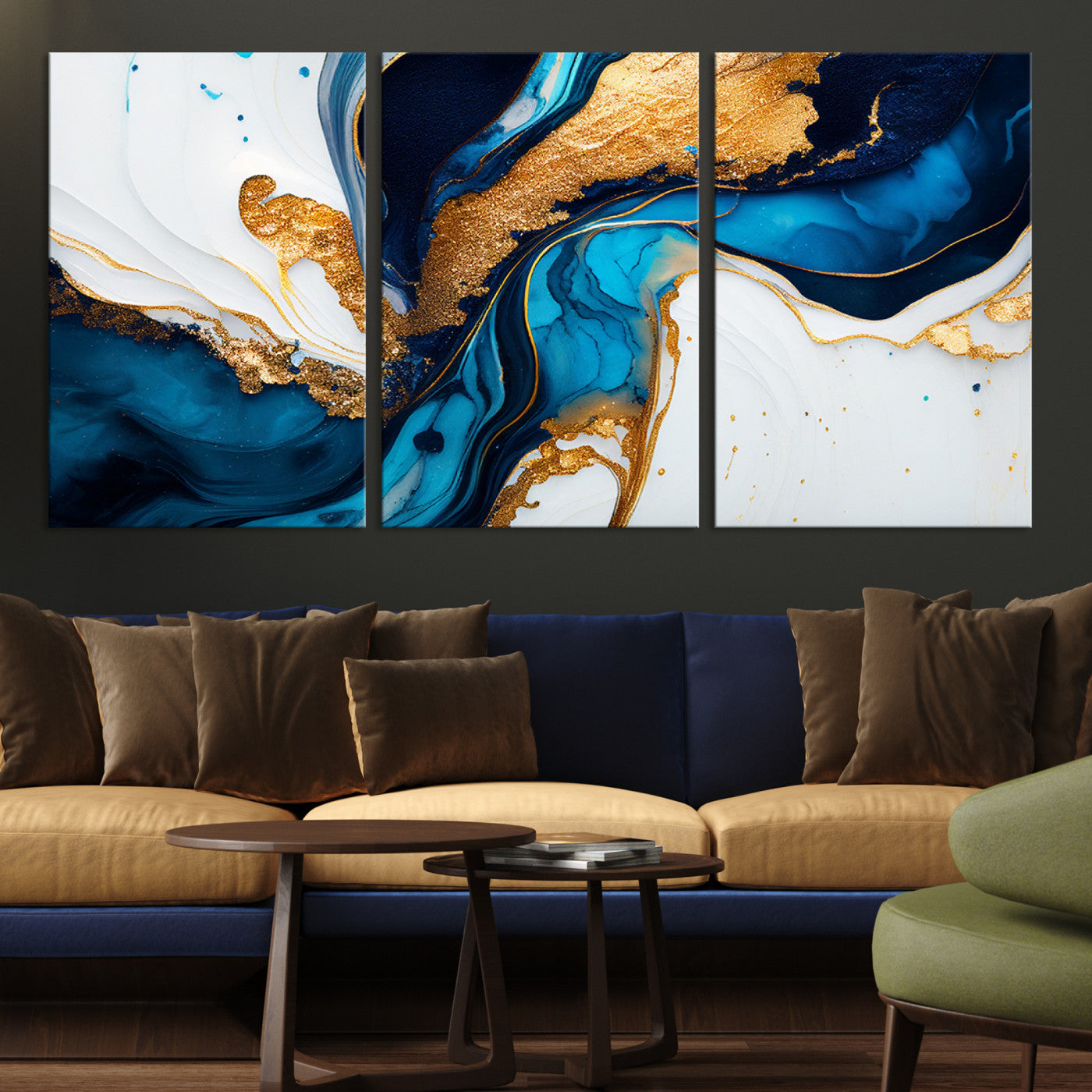 Luxurious abstract canvas in gold, navy, and teal tones with fluid marble patterns, perfect for modern glam or upscale interiors.