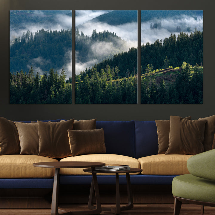 Misty Forest Wall Art Canvas Print, Framed Pine Hills Art Picture Print, Moody Hills Perfect Moody Woodland Decor Artwork