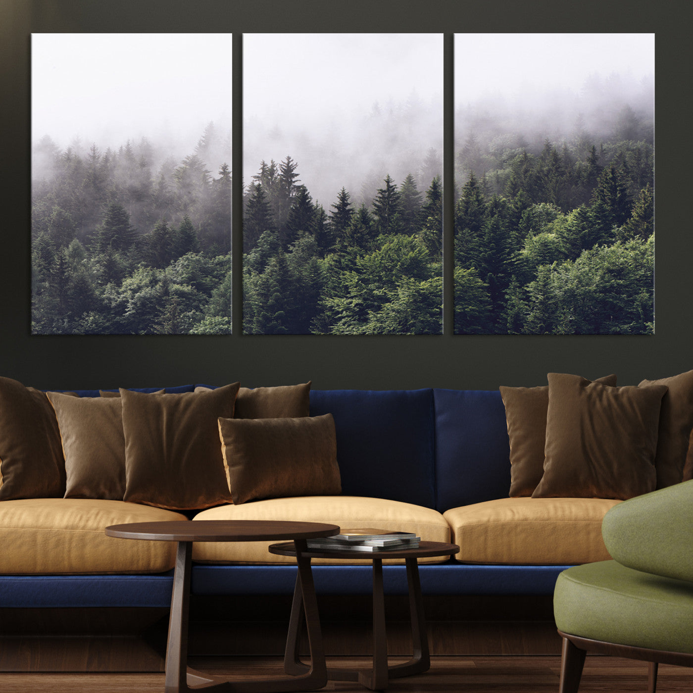 Canvas of dense misty forest in dark green tones, ideal for moody forest or atmospheric woodland-themed home decor.