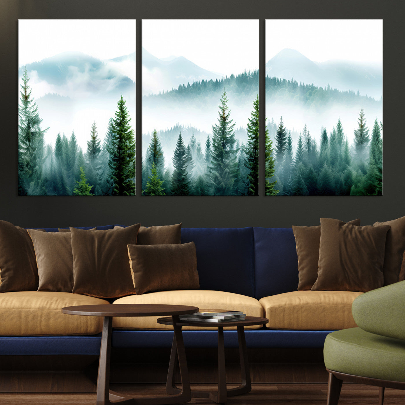 Canvas of pine forest and misty mountain layers in cool tones, perfect for moody forest or serene nature-inspired home decor.