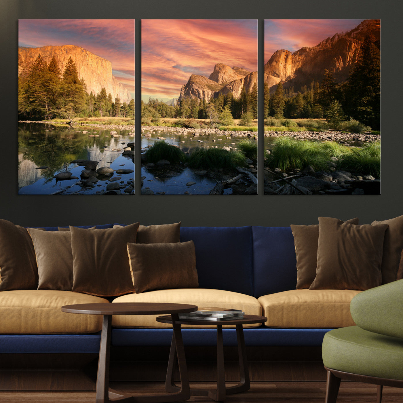Canvas of Yosemite Valley with El Capitan and sunset sky, featuring vibrant tones ideal for rustic or nature-inspired home decor.
