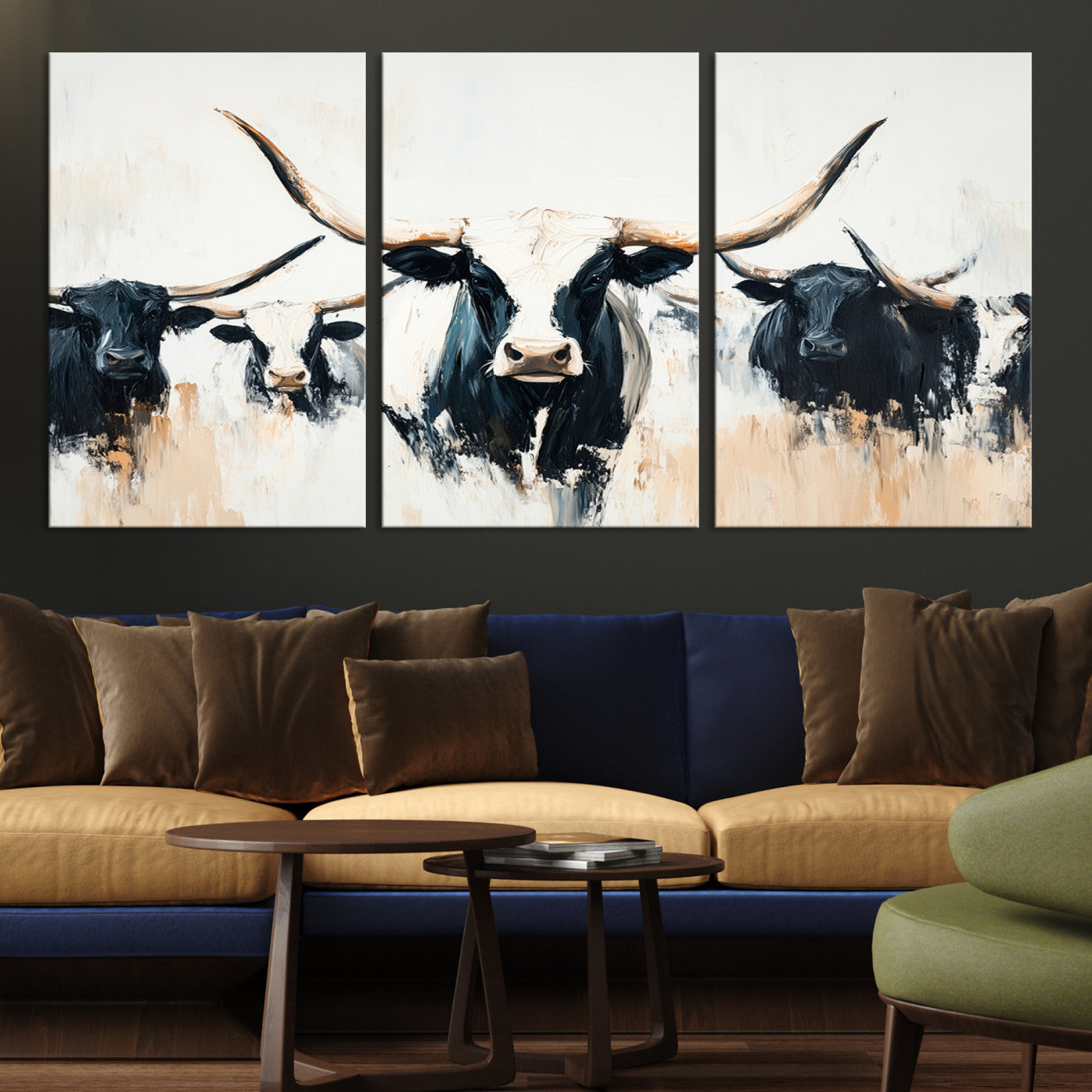 94780606-MGV-CV-36X24-Texas Longhorn Wall Art Canvas Print, Framed Western Cattle Art Picture Print, Horned Bull Perfect Rustic Western Decor, Western Cattle