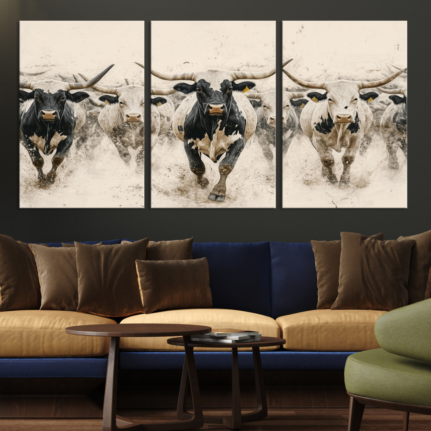 Canvas artwork of Texas Longhorn bulls walking in a dusty herd, ideal for rustic Western or country-style interior decor.