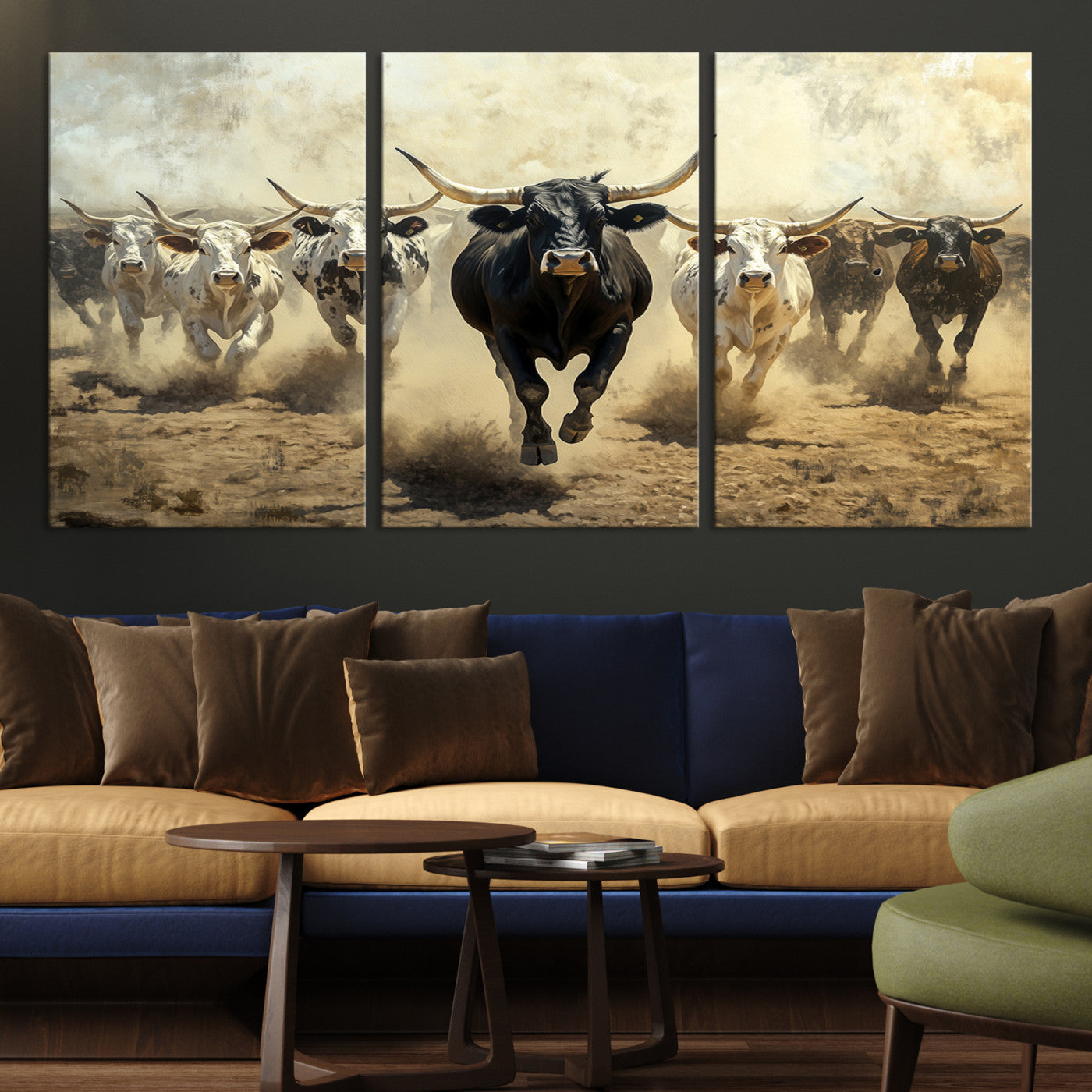Dynamic canvas showing a Texas Longhorn stampede with earthy tones and bold movement, perfect for rustic or Western-style interiors.