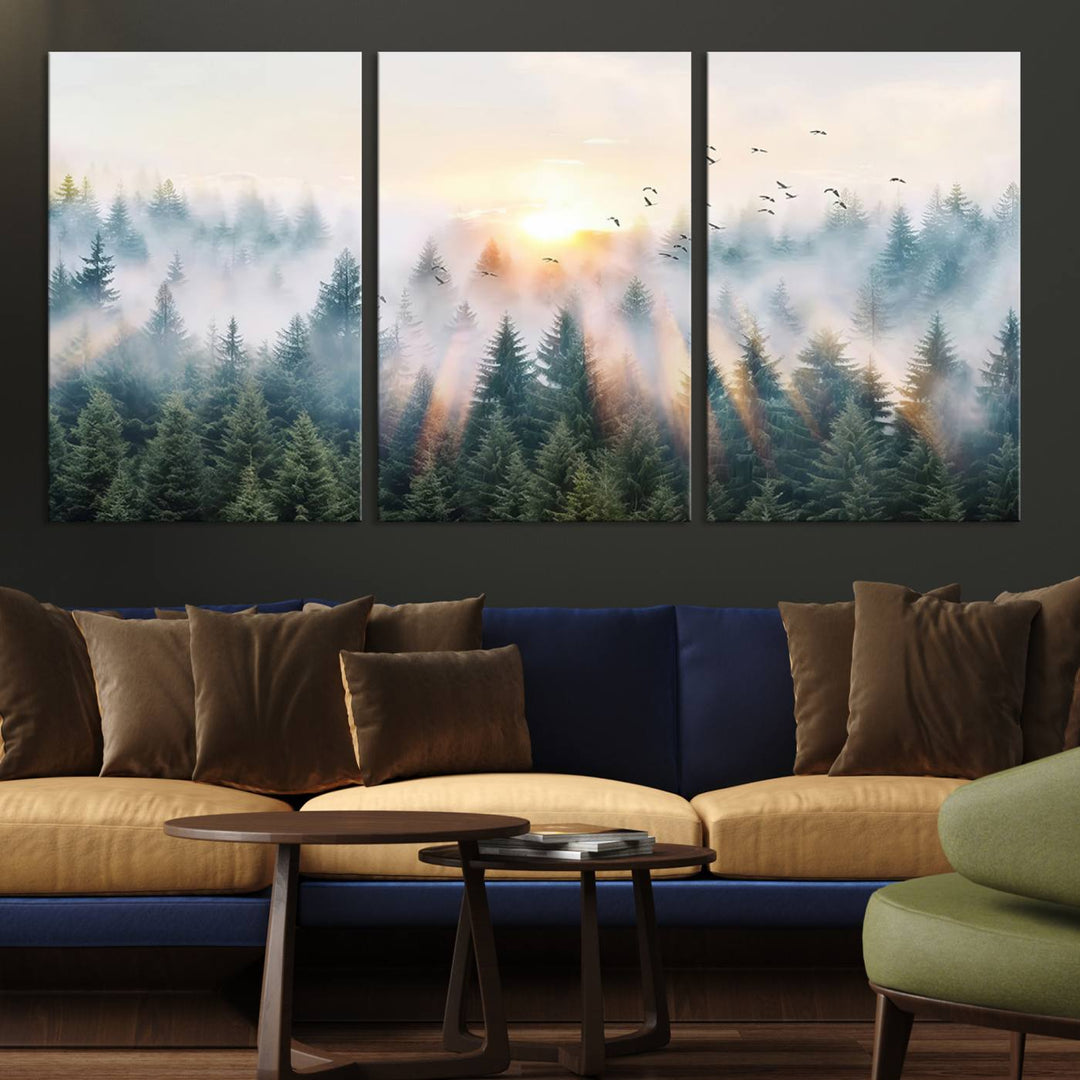 Misty Pine Forest Wall Art: A depiction of sunrise over foggy trees and birds against a bright sky; a framed woodland scene ideal for home or office decor.