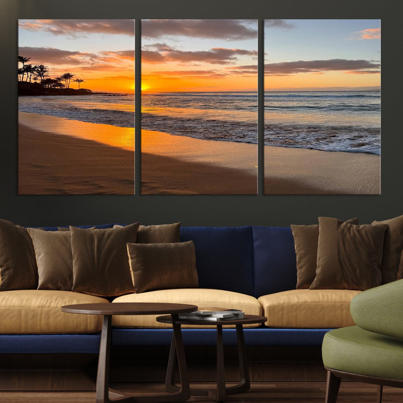 Canvas of a tropical beach at sunset with golden reflections and palm trees, perfect for vibrant coastal or island-style decor.