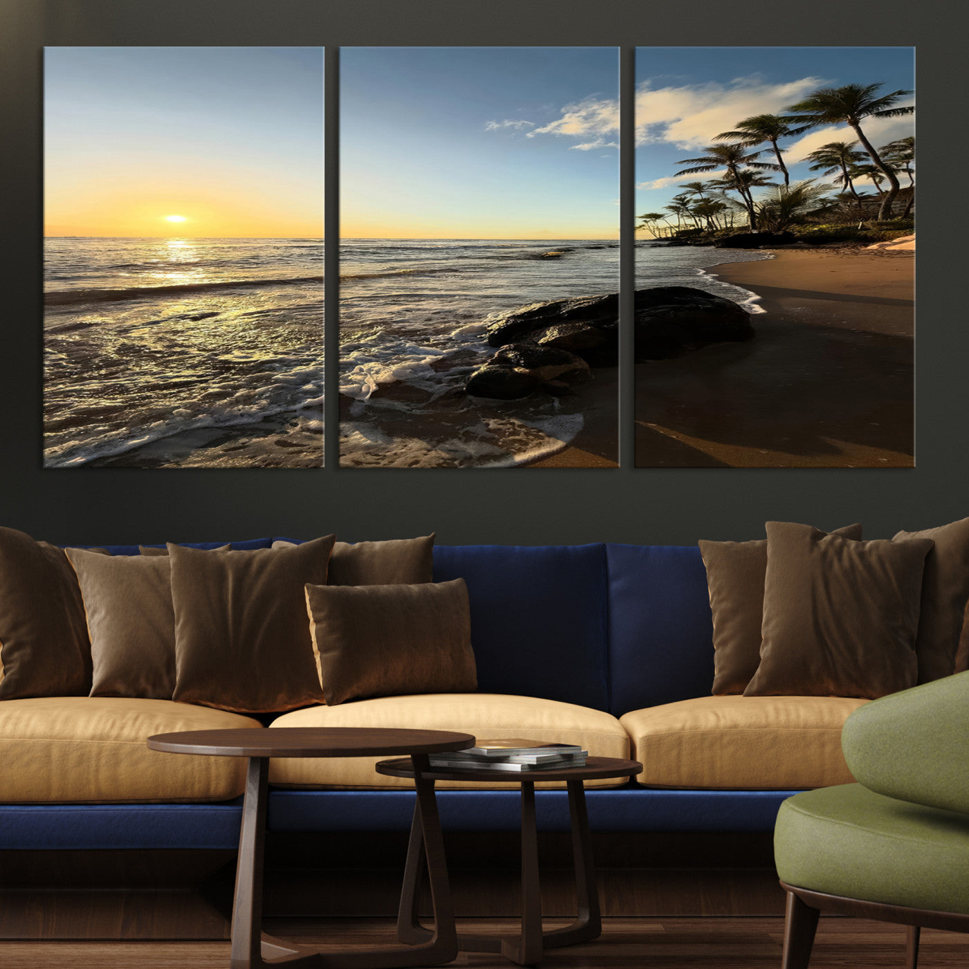 Canvas of a golden sunset on a tropical beach with palm trees and calm waves, perfect for coastal or island-themed home decor.