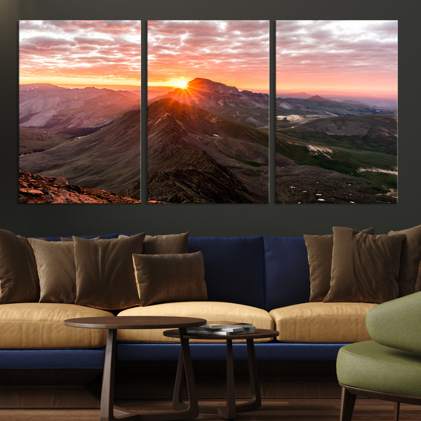 Canvas showing a mountain ridge at sunrise with golden light and dramatic clouds, perfect for nature or rustic-inspired wall decor.