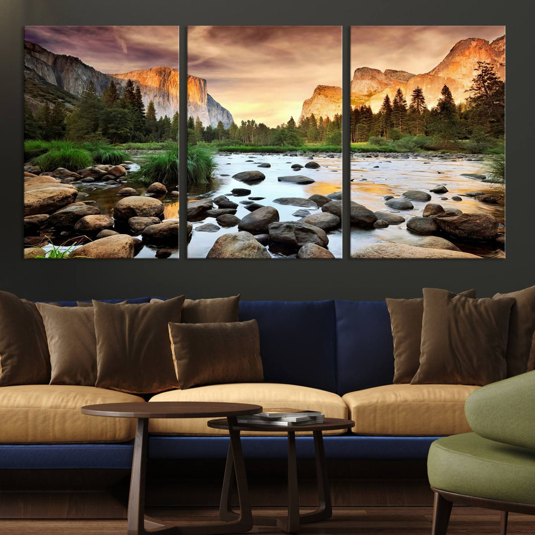 A tranquil riverside sunset mirrors the beauty of a Yosemite wall art masterpiece like the Large El Capitan Print.