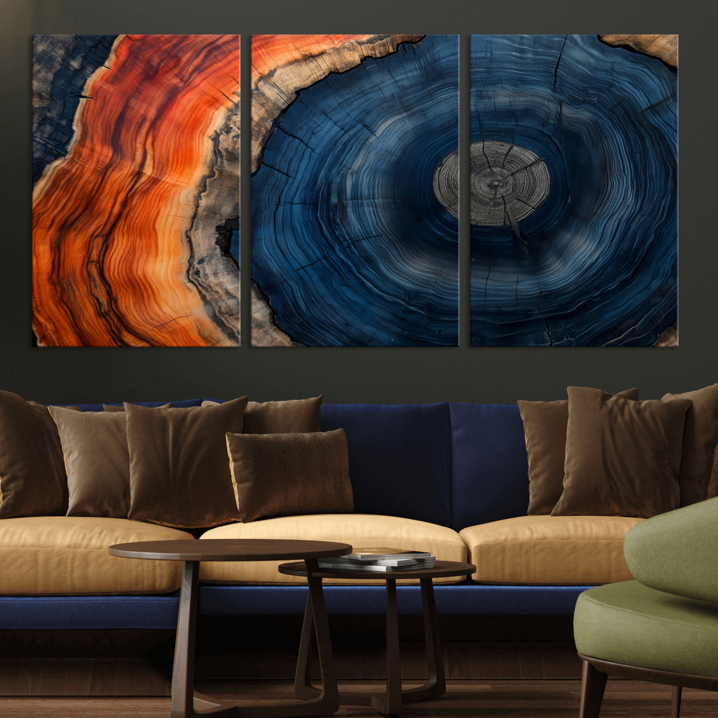 MGV-CV-60X30-3P - Tree Rings Wall Art Canvas Print, Rustic Wood Print, Framed Natural Texture Art Print, Wood Grain