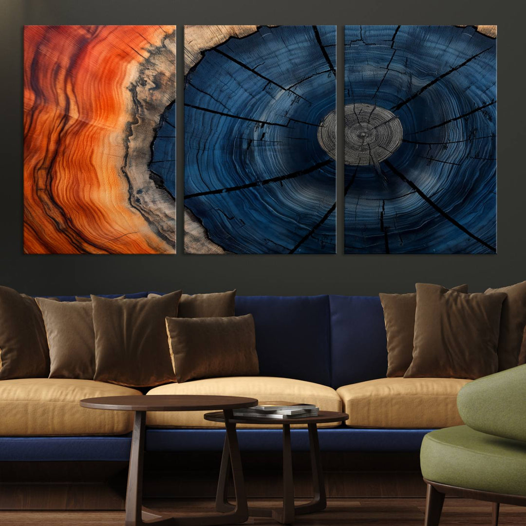 Abstract Tree Rings Canvas Print with vibrant colors—ideal farmhouse wall art for a woodland-themed home.