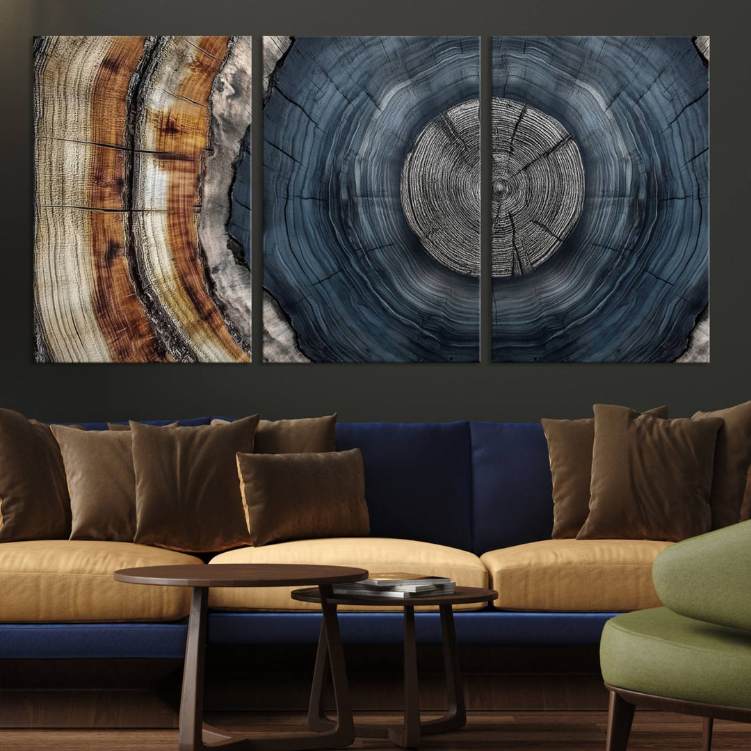 Close-up of the Abstract Tree Rings Wall Art Print featuring shades of blue, brown, and gray.