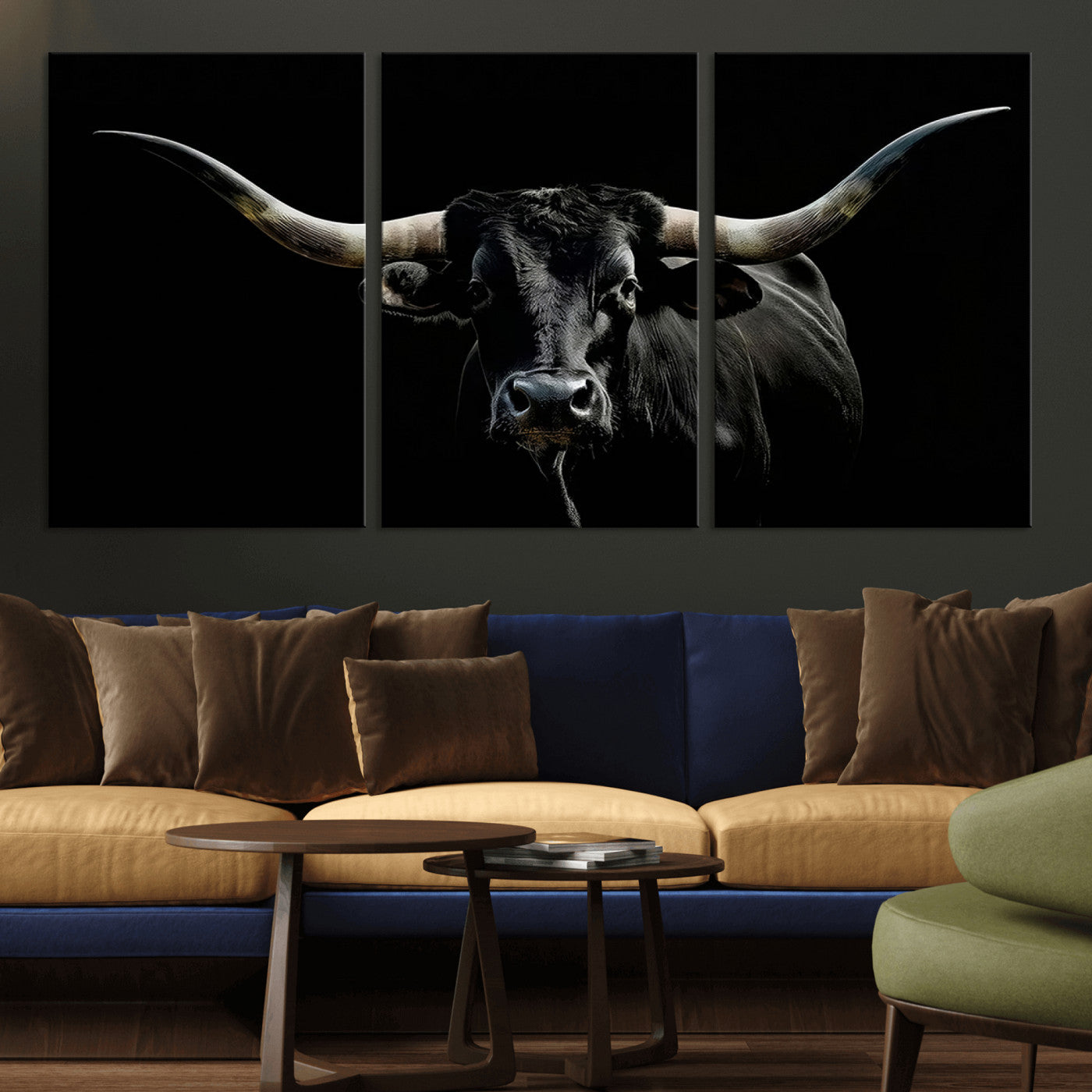 MGV-CV-60X30-3P - Texas Black Bull Wall Art Print, Longhorn Bull Canvas Wall Art