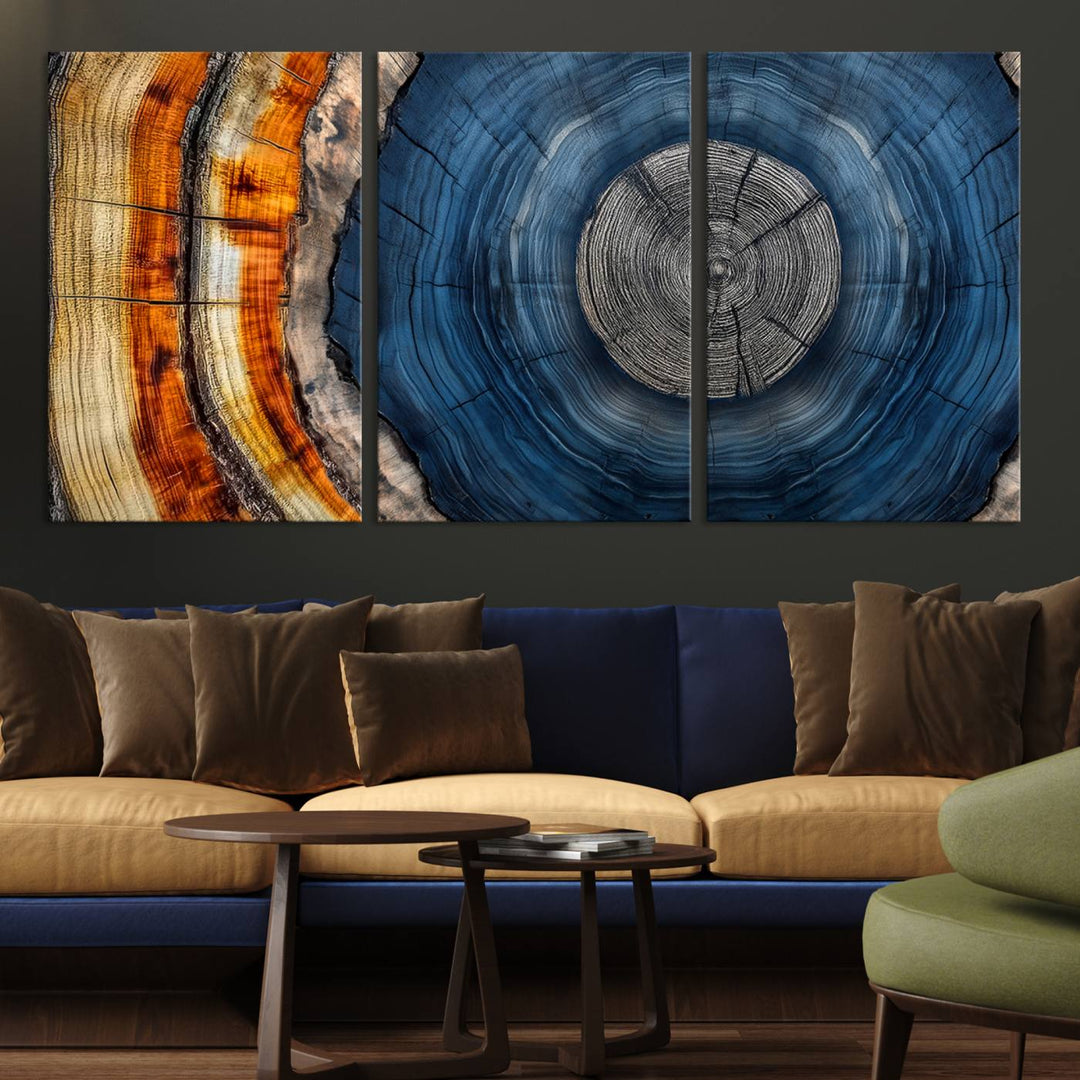 Vibrant Abstract Tree Rings in Orange, Brown, and Blue - Canvas Print for Nature Woodland Wall Decor.