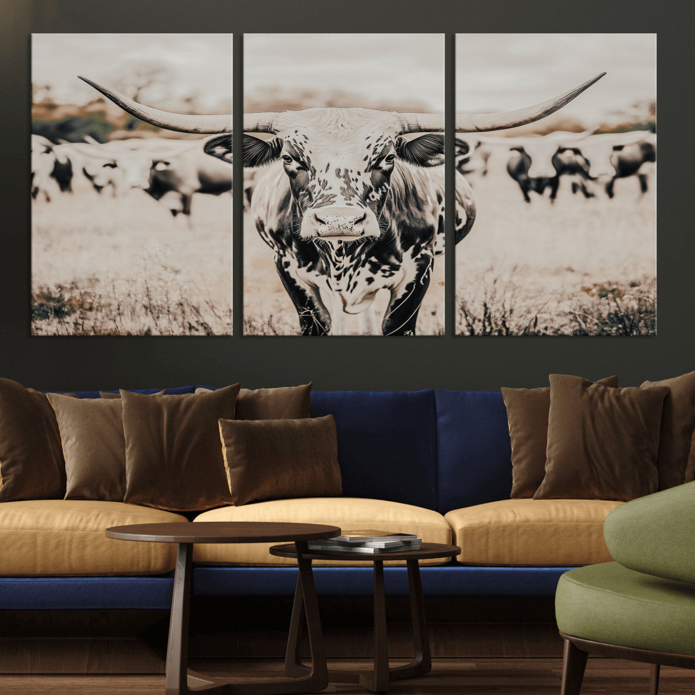 MGV-CV-60X30-3P - Texas Longhorn Wall Art Canvas Print, Framed Speckled Cow Art Picture Print, Horned Cattle Perfect Rustic Western Decor Artwork