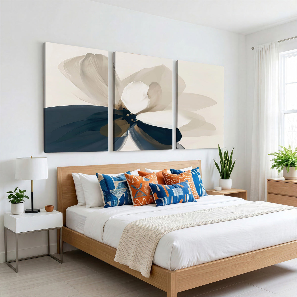 42188901-MGV-CV-24X16 - Minimal Flower Wall Art Canvas Print | Framed Beige and Navy Bloom