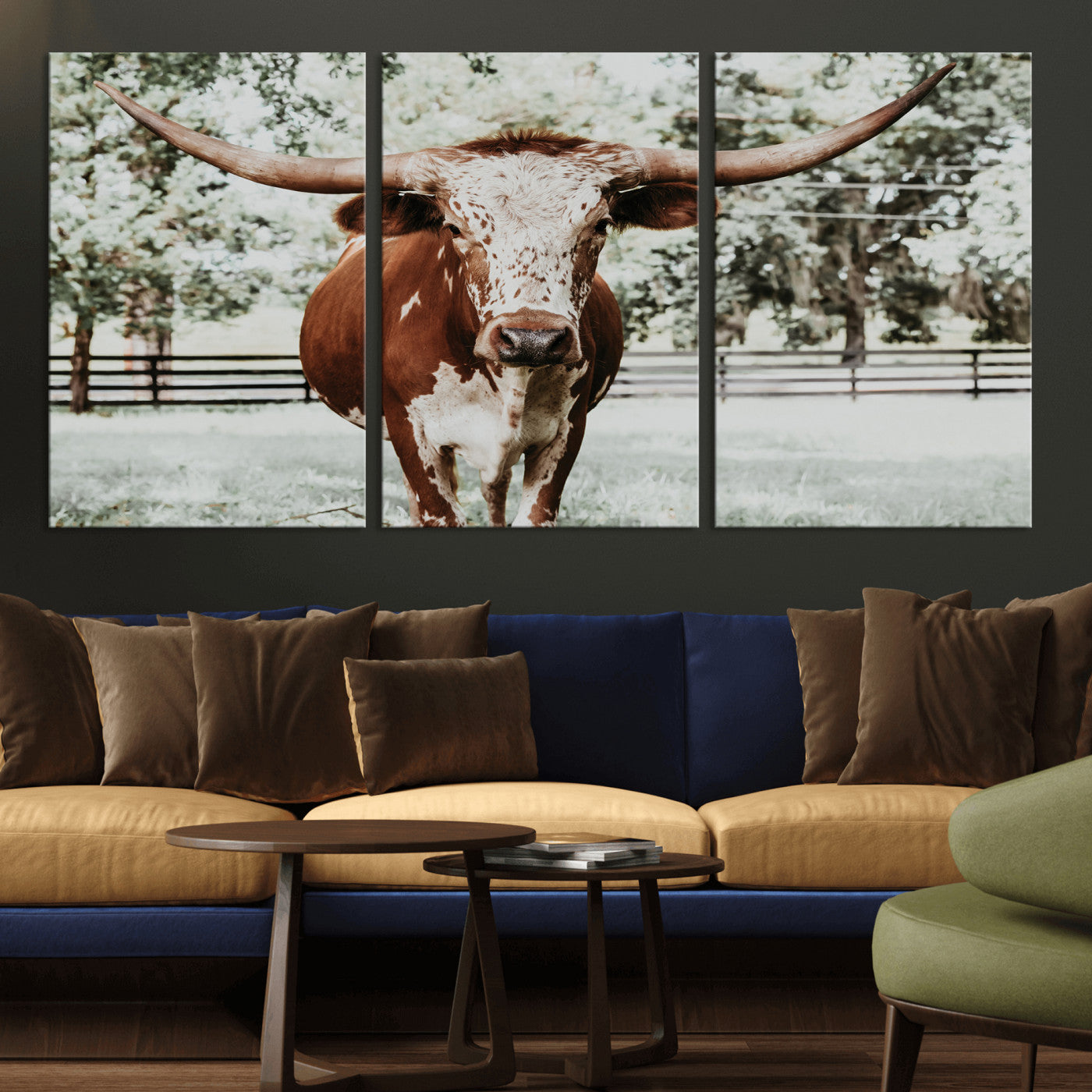 MGV-CV-60X30-3P - Texas Longhorn Wall Art Canvas Print, Framed Spotted Cow Art Picture Print, Horned Cattle Perfect Rustic Western Decor Artwork