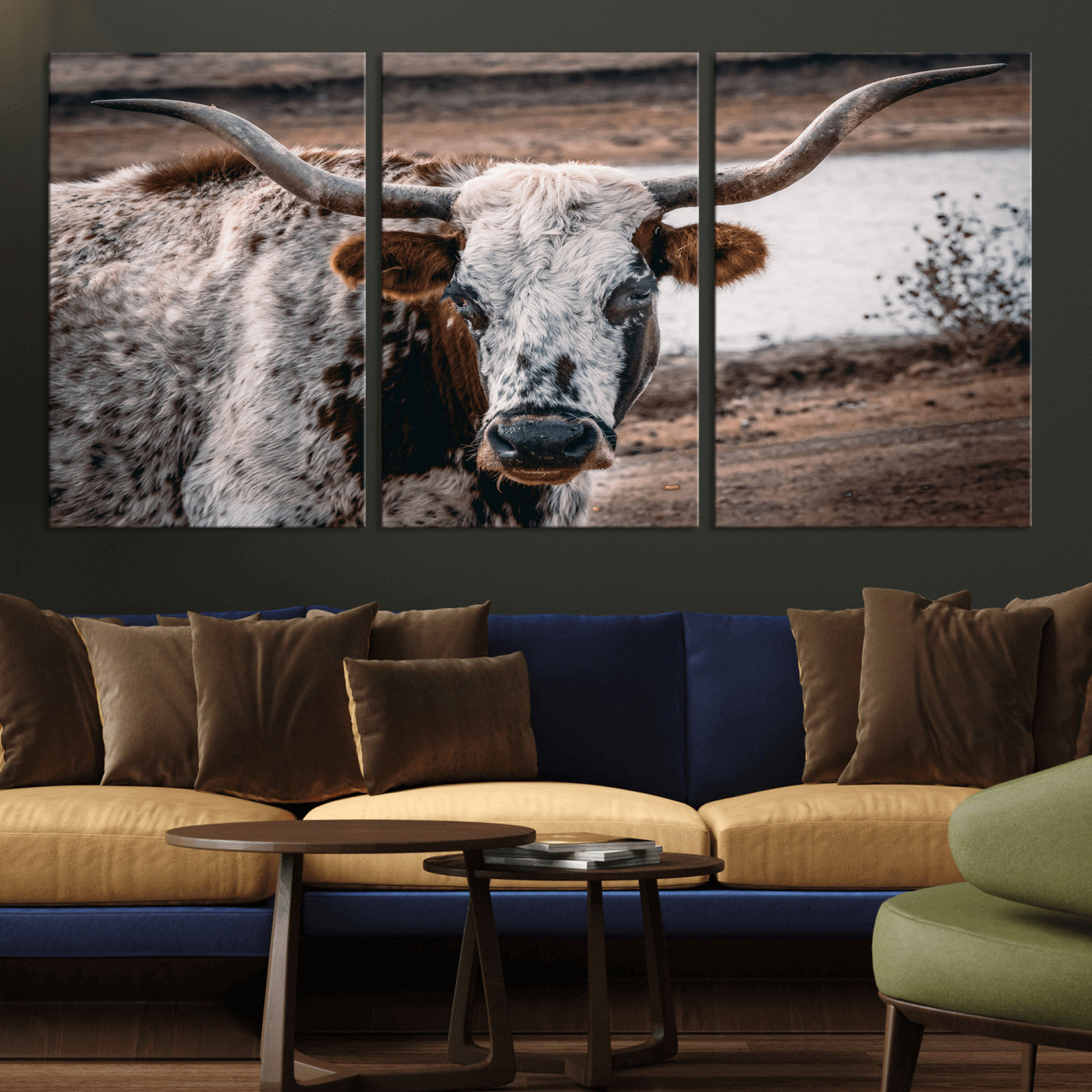 MGV-CV-60X30-3P - Texas Longhorn Wall Art Canvas Print, Framed Spotted Cow Art Picture Print, Horned Cattle Perfect Rustic Western Decor Artwork