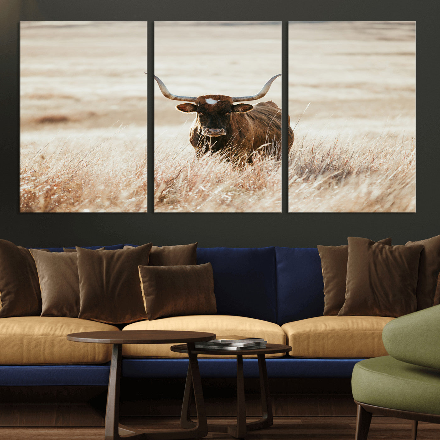MGV-CV-60X30-3P - Texas Longhorn Wall Art Canvas Print, Framed Brown Cattle Art Picture Print, Horned Bull Perfect Rustic Western Decor Artwork