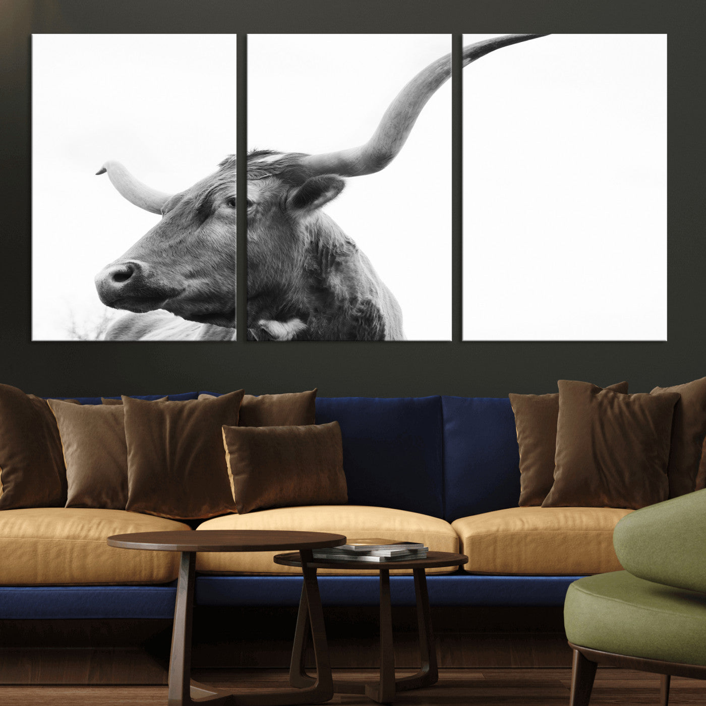 MGV-CV-60X30-3P - Longhorn Wall Art Wall Art Canvas Print, Framed Modern Ranch Style Art Art Picture Print, Monochrome Cow Print Perfect Rustic Western Decor Artwork