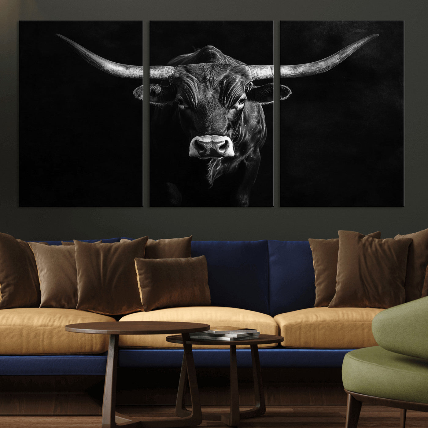 MGV-CV-60X30-3P - Texas Longhorn Wall Art Canvas Print, Framed Monochrome Bull Art Picture Print, Horned Bull Perfect Rustic Western Decor Artwork